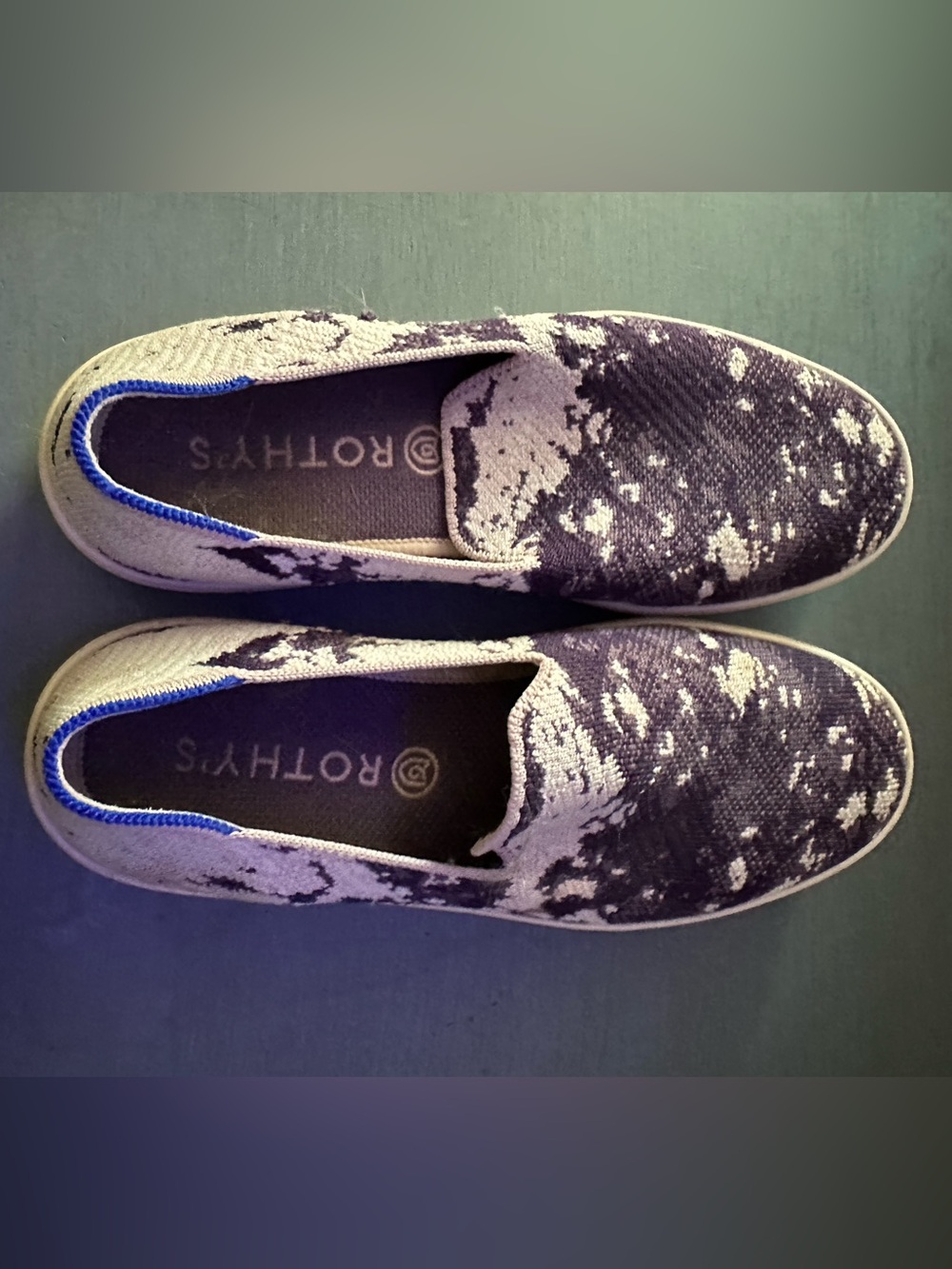 Rothy's Women's Slip-On Knit Loafers in purple and Cream with Blue Trim